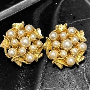 2/$25 Glamorous Gold-leaf & Clustered Faux Pearls 1950’s Clip- on’s - rare